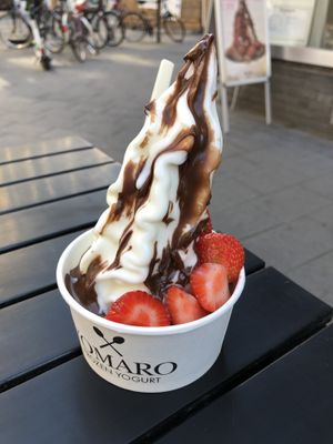 Milk frozen joghurt with warm chocolate sauce and strawberrys at YOMARO in Cologne