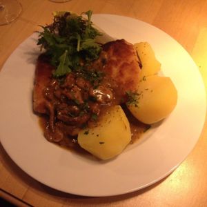 Schnitzeljagd: Schnitzel with mushroom gravy and boiled potatoes. Yumm! at Steffenhagen in Dresden