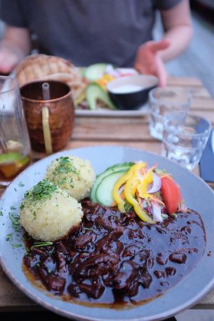 Dark beer Goulash with potato "dumplings" at Steffenhagen in Dresden
