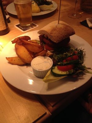 Special of the week: a beet burger with potato wedges and really tasty aioli. I stole a bite and it was yummy! at Steffenhagen in Dresden
