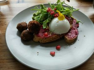 Poached egg dish + eggplant balls at Matcha Mylkbar in St Kilda