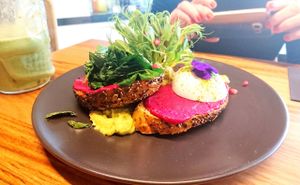 Spiced avocado guac #socialinfluencer with eggs and mushroom bacon at Matcha Mylkbar in St Kilda