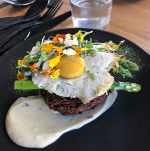 Potato and leek rosti, asparagus, truffle hollandaise, vegan friend egg at Matcha Mylkbar in St Kilda
