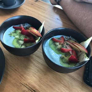 blue algae, salted caramel, dates, macadamia, vanilla, banana, almond mylk at Matcha Mylkbar in St Kilda