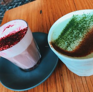 Beetroot latte and Matcha latte (vegan) at Matcha Mylkbar in St Kilda