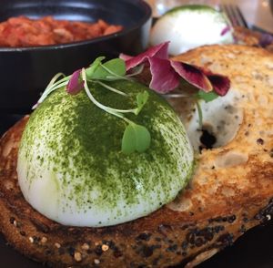 Vegan eggs (mock) with a side of bbq pulled jackfruit at Matcha Mylkbar in St Kilda