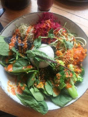 Low FODMAP bowl with vegan poached egg  at Matcha Mylkbar in St Kilda