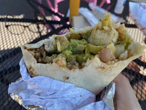 Vegan burrito with vegan chicken at Bumble Bees Baja Grill in Santa Fe
