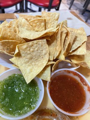 Spicy salsa and chips  at Bumble Bees Baja Grill in Santa Fe