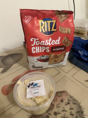 Hummus and crackers  at North Shore Deli in St John