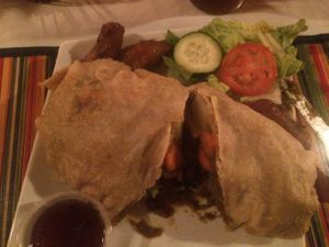 Vegetable Roti with plantains at DeCoal Pot in St John