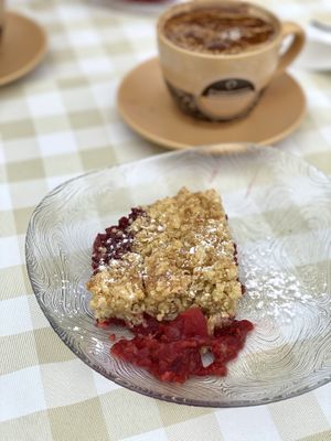 Vegan Crumble dessert. Warm with strawberry, banana and rhubarb  at O Forno in Calheta