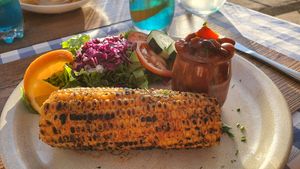 Bbq corn & smokey beans at O Forno in Calheta
