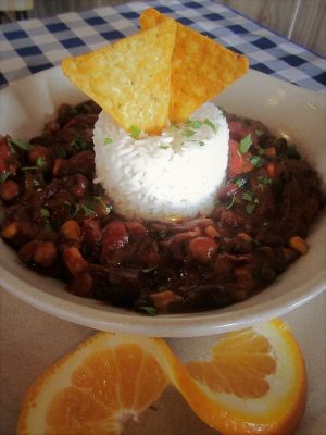 Smoky bean chilli and rice, with roasted red peppers and chipotle. For those who like a true flavour explosion! at O Forno in Calheta