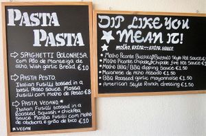 Vegan and Vegetarian pasta options and vegan chipotle fire hot sauce :p  at O Forno in Calheta