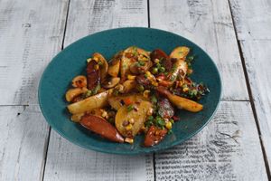 POTATO BLOCKS WITH SAUSAGE AND SWEET CHILE SAUCE at Vegano Hooligano - Mala in Odessa