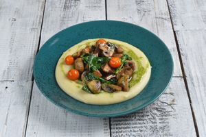 SOY MEAT WITH MUSHROOMS AND CELERY PUREE  at Vegano Hooligano - Mala in Odessa