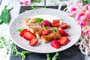 Pancakes with vanilla tofu, berries and creamy sauce at Vegano Hooligano - Mala in Odessa