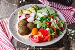 Bowl with falafel, hummus and vegetables at Vegano Hooligano - Mala in Odessa