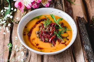 Lentil cream soup with sausages and grilled sauce at Vegano Hooligano - Mala in Odessa