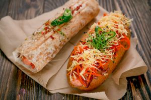 VEGAN-DOG with carrots, ginger, cheese, potatoes and BBQ sauce (300) at Vegano Hooligano - Mala in Odessa