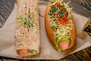 VEGAN-DOG with quinoa, fresh tomatoes, potatoes and tar-tar sauce (300)  at Vegano Hooligano - Mala in Odessa