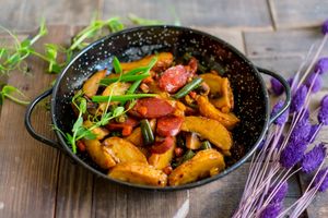 Potato wedges with seitan sausages and  sweet chili sauce (300g) at Vegano Hooligano - Mala in Odessa