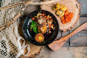 Cottage cheese pancakes with banana and  berry sauce  (220g) at Vegano Hooligano - Mala in Odessa