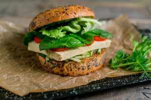 Burger with tofu, tomatoes, spinach and pesto sauce (300g) at Vegano Hooligano - Mala in Odessa