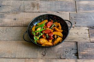 Potatoes with seitan sausages at Vegano Hooligano - Mala in Odessa