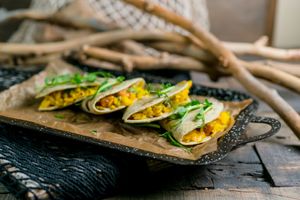 Grilled bread (yeast-free) with pickled tofu, rice and curry sauce at Vegano Hooligano - Mala in Odessa