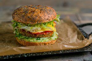 Cheeseburger with falafel, vegetables and ginger at Vegano Hooligano - Mala in Odessa