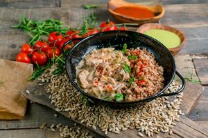 Buckwheat with soy meat in creamy mushroom sauce at Vegano Hooligano - Mala in Odessa