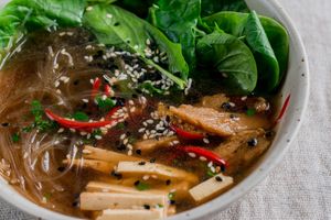 AROMATIC BROW WITH SOY MEAT, CHINESE NOODLES, TOFU AND NORI at Vegano Hooligano - Mala in Odessa