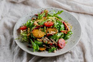 WARM SALAD WITH SOY MEAT, EGGPLANT, TOMATOES AND POTATO at Vegano Hooligano - Mala in Odessa