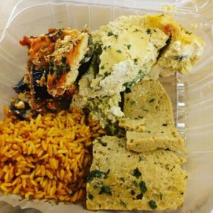 eggplant parmesan, spinach quiche, vegan gyros, curry rice at Vegan Now in Chicago