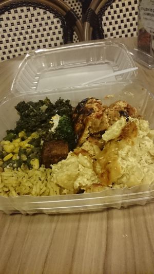 Eggplant parm,  Mac & cheese,  Thai seitan,  greens & okra ?.   at Vegan Now in Chicago