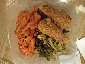 battered sticks, bbq tofu, cauliflower, broccoli and cheese at Vegan Now in Chicago