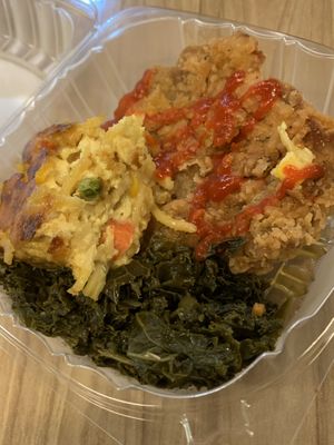 Under $5 - fried seitan, noodle casserole & kale at Vegan Now in Chicago