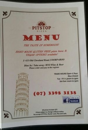 menu 1 at Pitstop Pizza in Coorparoo