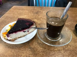 Cheesecake and coffee:) at Village Green in Jerusalem