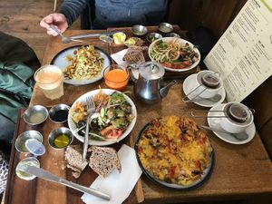 Huge and healthy breakfast at Village Green in Jerusalem