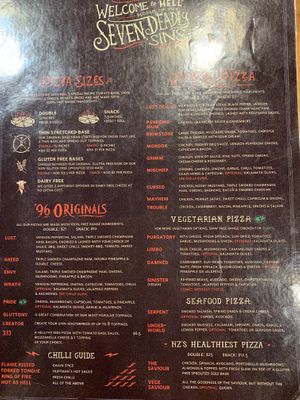 Front side of menu  at Hell Pizza in Queenstown