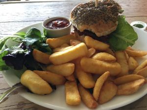 Burger and Chips at Campbell's Canal Cafe in North West London