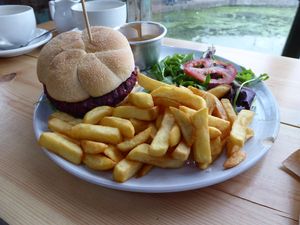Burger and fries with jalapeno mayo at Campbell's Canal Cafe in North West London