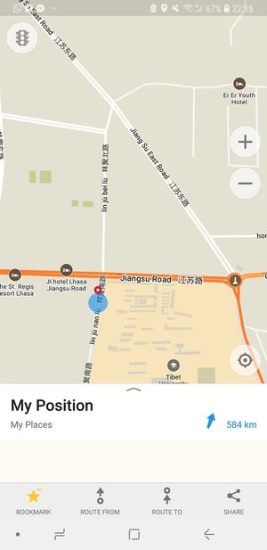 This (red marker in blue circle) is the correct location.  The google location seemed to differ by about 300 metres as seems common in China/Tibet at Jù Cái Sù Diàn in Tibet