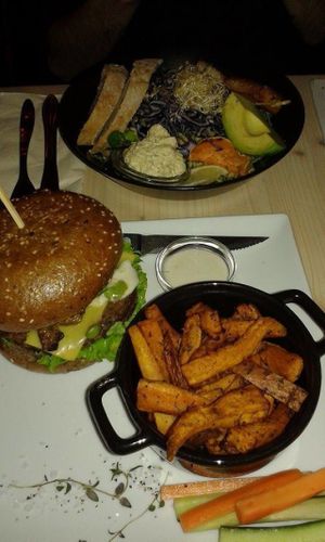 Dinner for two people, Deluxe burger and salad. Good! at Souls in Copenhagen