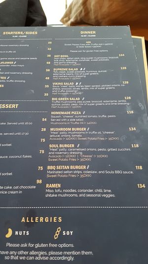 Dinner menu at Souls in Copenhagen