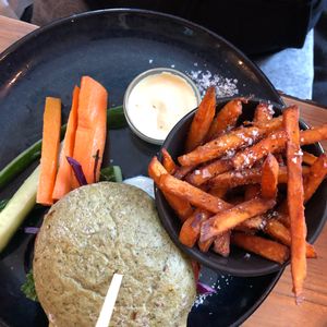 Seitan burger with sweet potato fries  at Souls in Copenhagen