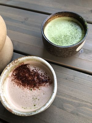 Top right - matcha latte. Bottom left - Homemade hot chocolate. at Souls in Copenhagen